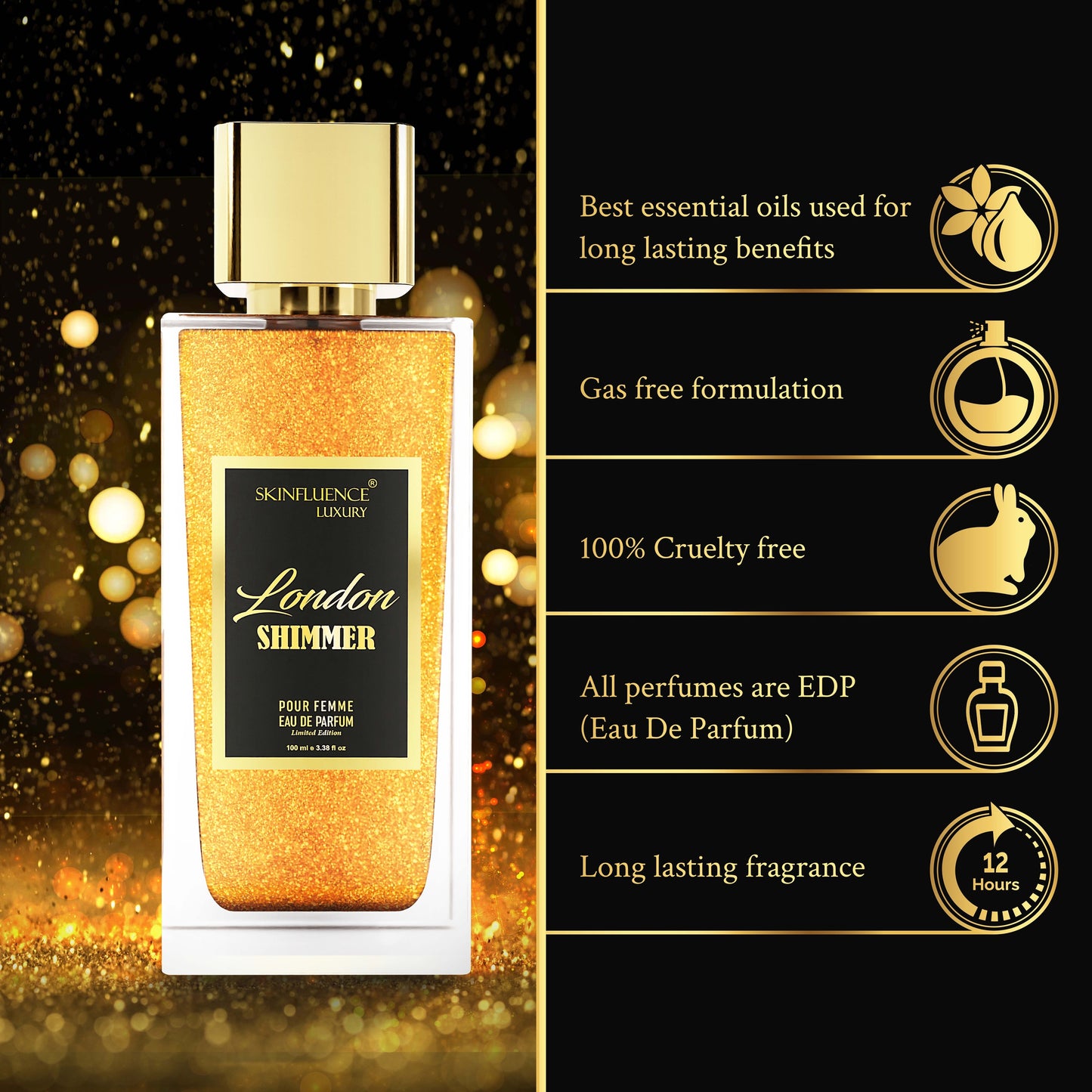 Experience the Elegance: London Shimmer for Her - India's First Shimmer Party Perfume by Skinfluence Luxury. A dazzling scent that radiates charm and femininity, adding a touch of shimmer to your night.