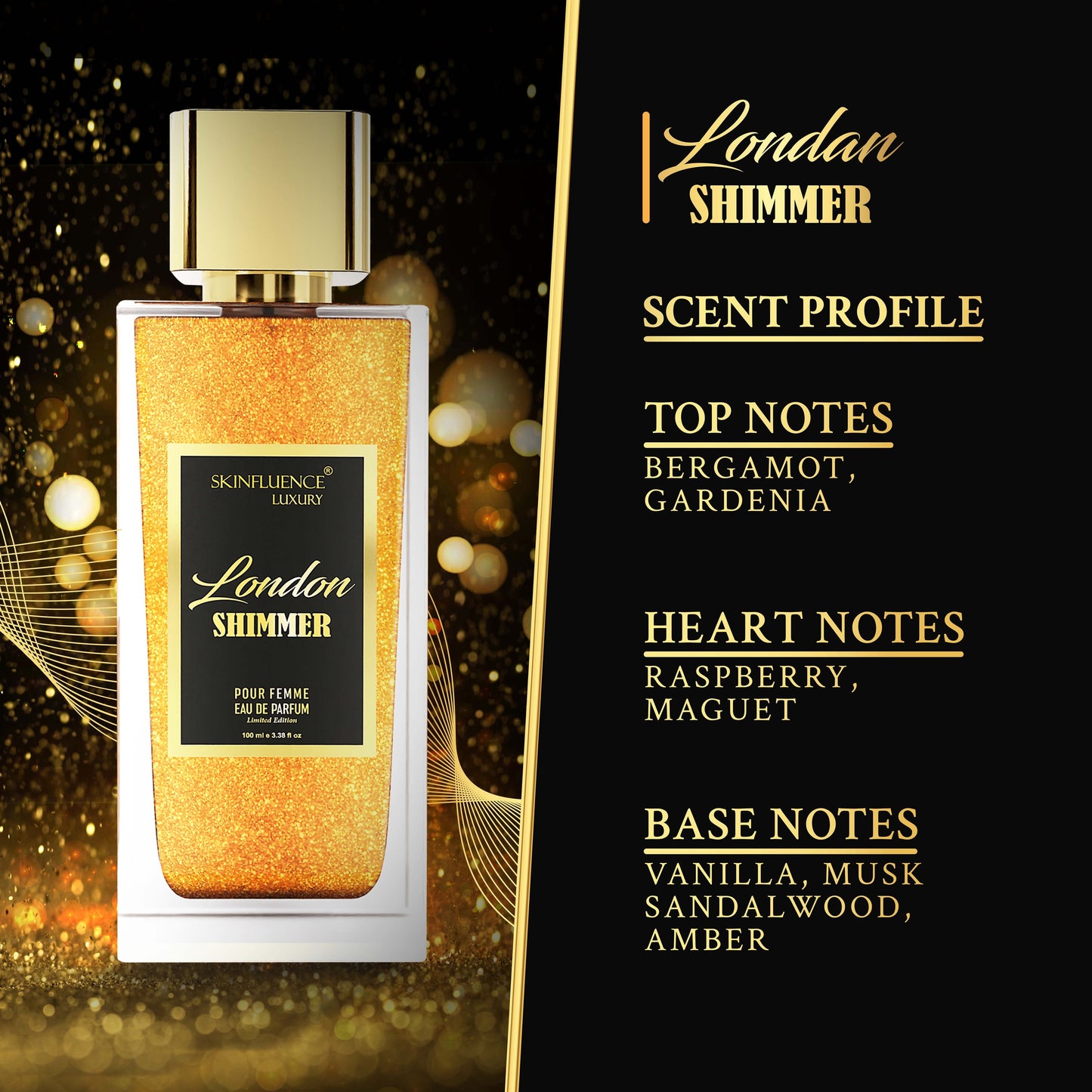 Experience the Elegance: London Shimmer for Her - India's First Shimmer Party Perfume by Skinfluence Luxury. A dazzling scent that radiates charm and femininity, adding a touch of shimmer to your night.