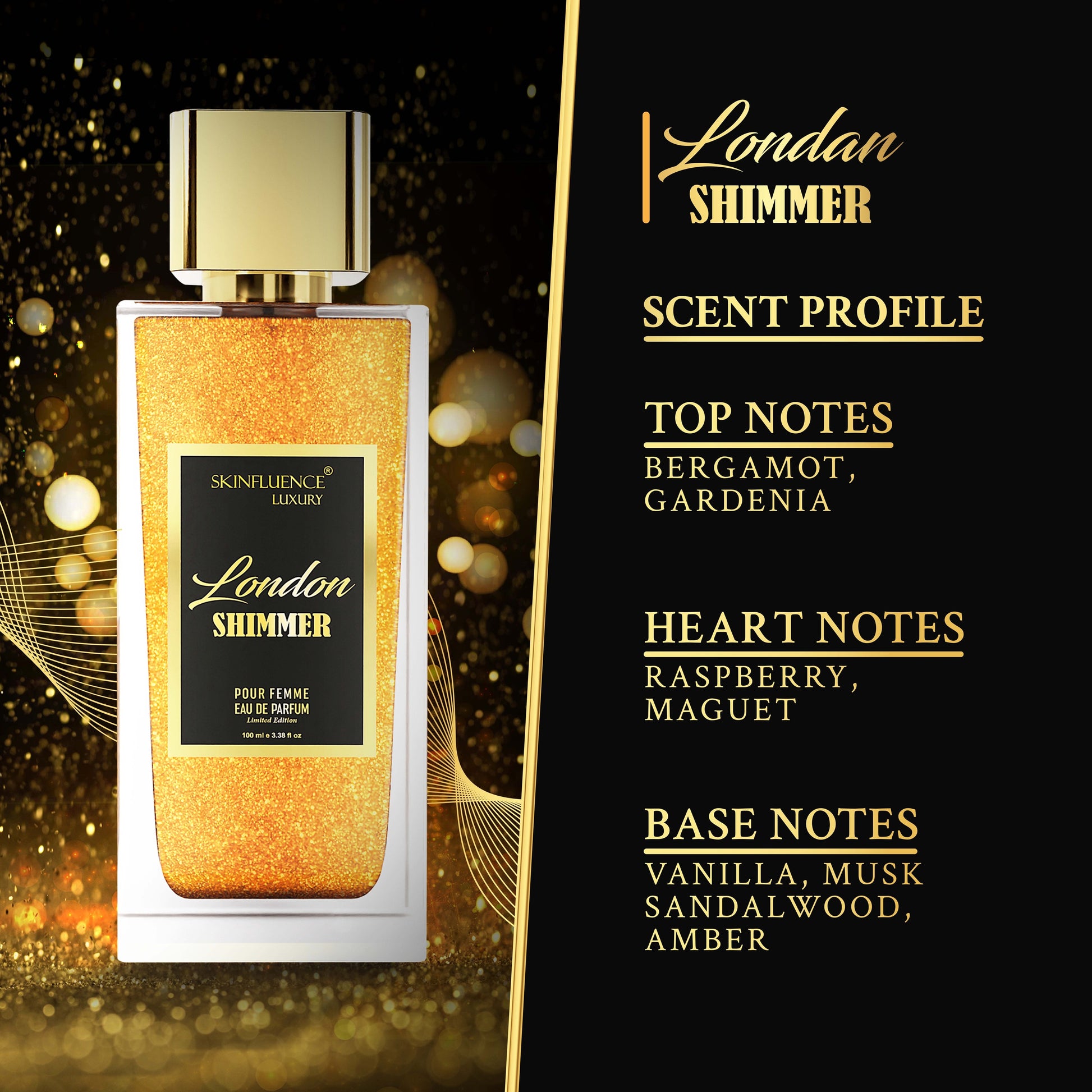 Experience the Elegance: London Shimmer for Her - India's First Shimmer Party Perfume by Skinfluence Luxury. A dazzling scent that radiates charm and femininity, adding a touch of shimmer to your night.