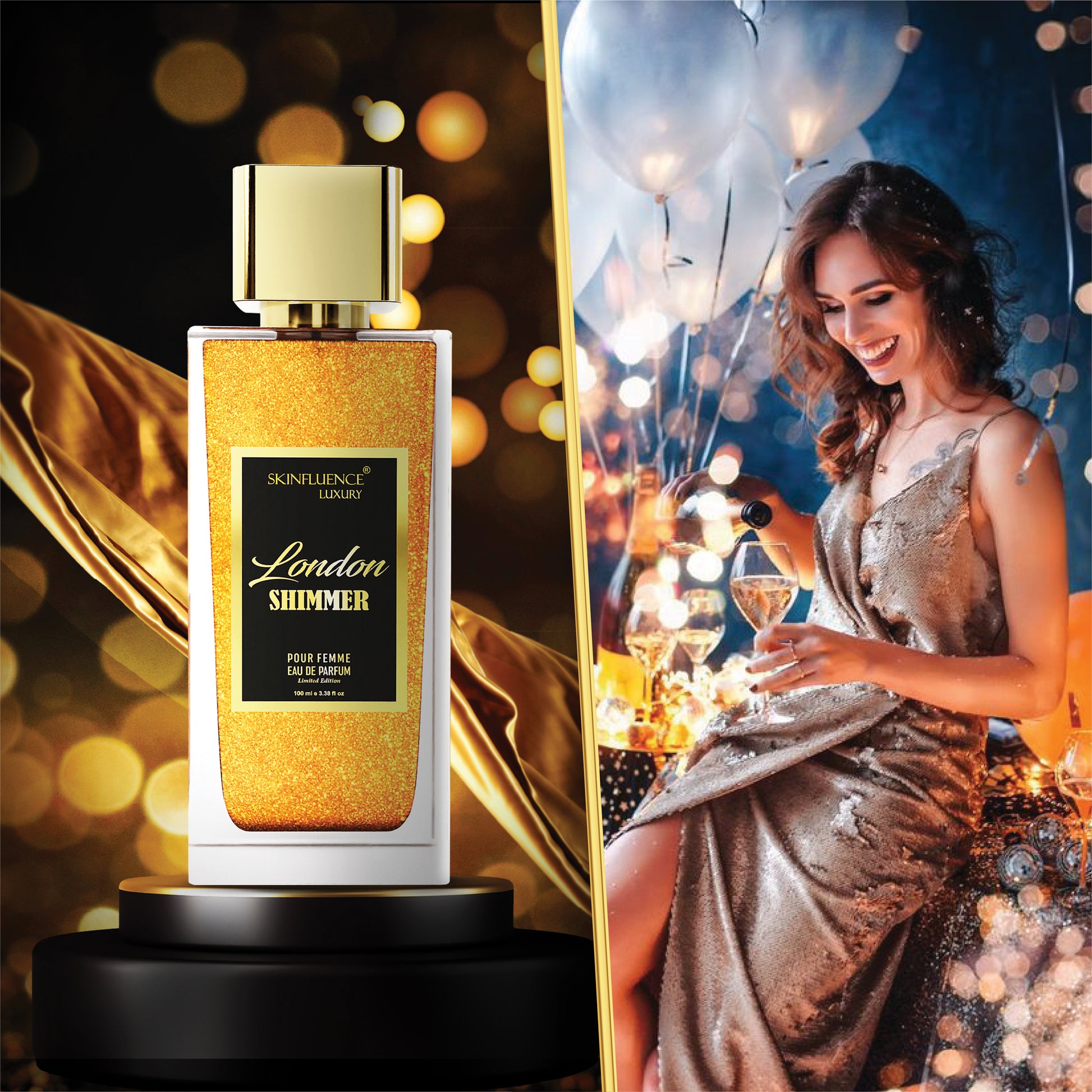 Experience the Elegance: London Shimmer for Her - India's First Shimmer Party Perfume by Skinfluence Luxury. A dazzling scent that radiates charm and femininity, adding a touch of shimmer to your night.