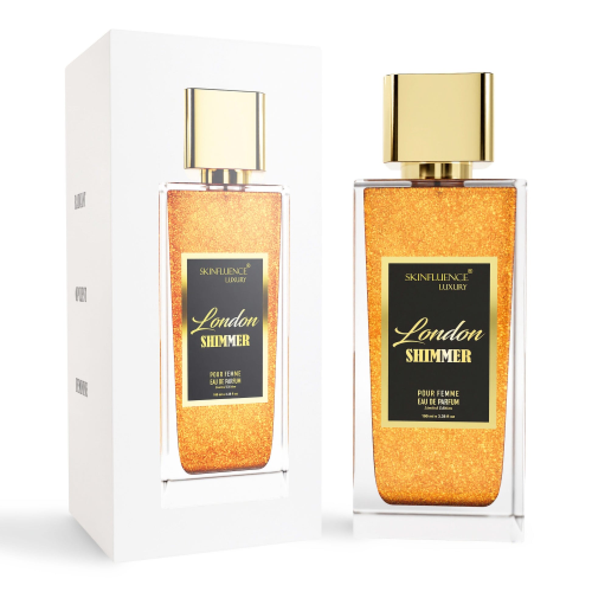 Experience the Elegance: London Shimmer for Her - India's First Shimmer Party Perfume by Skinfluence Luxury. A dazzling scent that radiates charm and femininity, adding a touch of shimmer to your night.
