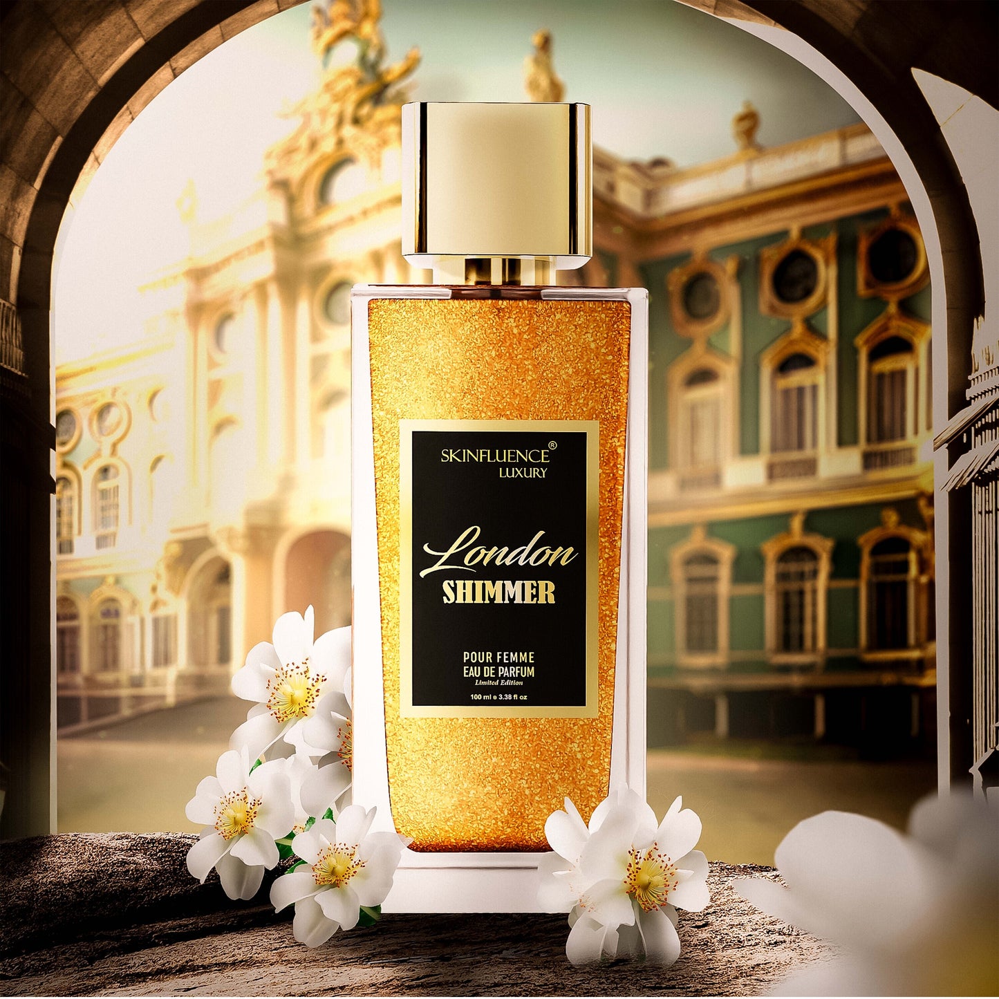 Experience the Elegance: London Shimmer for Her - India's First Shimmer Party Perfume by Skinfluence Luxury. A dazzling scent that radiates charm and femininity, adding a touch of shimmer to your night.