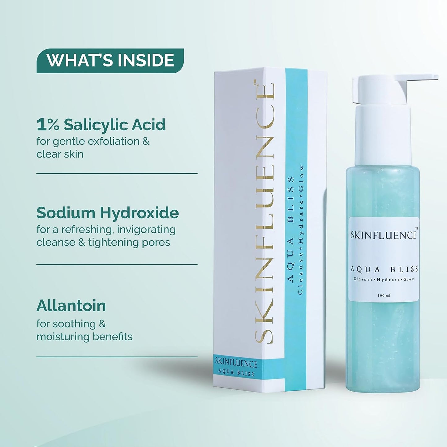 SKINFLUENCE Aqua Bliss Cleanser | 1% Salicylic Acid & Allantoin Face Wash for Acne Prone & Oily Skin