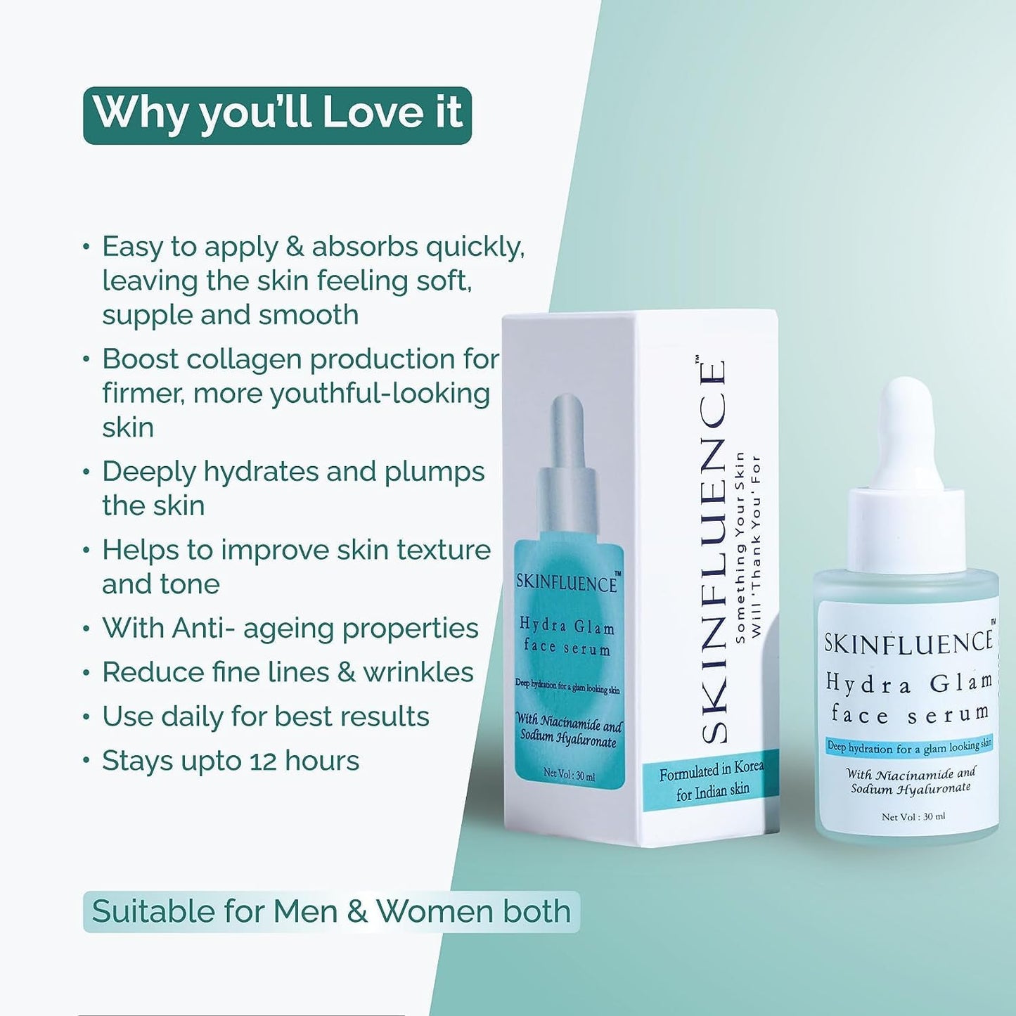 SKINFLUENCE Glam Face Serum | Niacinamide & Sodium Hyaluronate | Anti Aging and Pore Minimizing | Vitamin C, E & Antioxidants Serum for Glowing Skin | Unisex Men & Women - 2 × 30ml (Pack of 2)