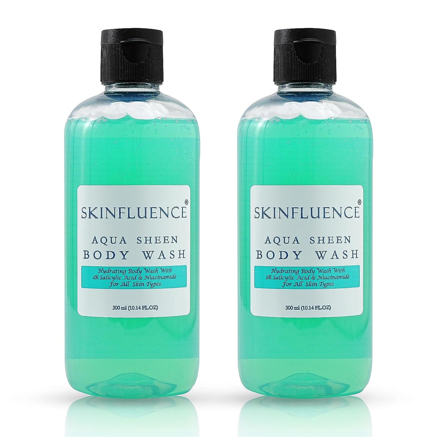 SKINFLUENCE Aqua Sheen Body Wash | 1% Salicylic Acid & Niacinamide Shower Gel | Skin Whitening, Mild Exfoliating & Tan Removal Body Wash for Men Women - 2 × 300ml (Pack of 2)
